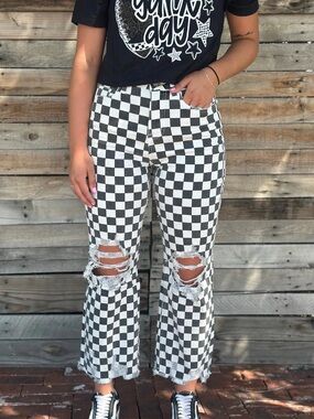 Checkerboard Distressed Wide-Leg Jeans - Black & White